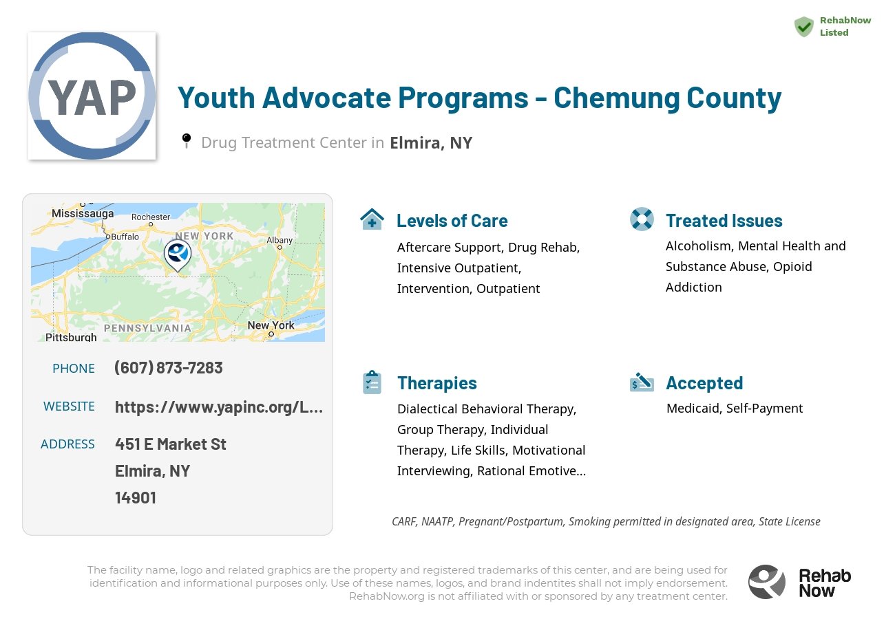 Helpful reference information for Youth Advocate Programs - Chemung County, a drug treatment center in New York located at: 451 E Market St, Elmira, NY 14901, including phone numbers, official website, and more. Listed briefly is an overview of Levels of Care, Therapies Offered, Issues Treated, and accepted forms of Payment Methods.