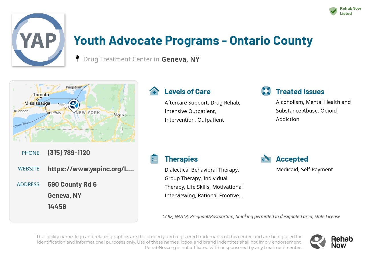 Helpful reference information for Youth Advocate Programs - Ontario County, a drug treatment center in New York located at: 590 County Rd 6, Geneva, NY 14456, including phone numbers, official website, and more. Listed briefly is an overview of Levels of Care, Therapies Offered, Issues Treated, and accepted forms of Payment Methods.