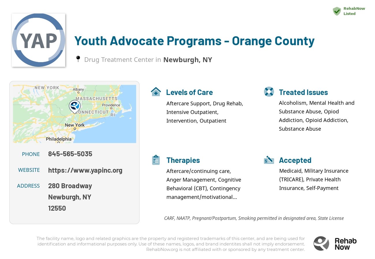 Helpful reference information for Youth Advocate Programs - Orange County, a drug treatment center in New York located at: 280 Broadway, Newburgh, NY 12550, including phone numbers, official website, and more. Listed briefly is an overview of Levels of Care, Therapies Offered, Issues Treated, and accepted forms of Payment Methods.