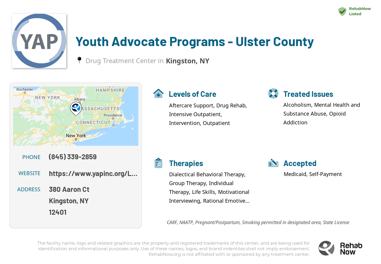 Helpful reference information for Youth Advocate Programs - Ulster County, a drug treatment center in New York located at: 380 Aaron Ct, Kingston, NY 12401, including phone numbers, official website, and more. Listed briefly is an overview of Levels of Care, Therapies Offered, Issues Treated, and accepted forms of Payment Methods.