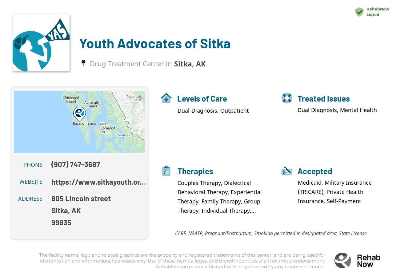 Helpful reference information for Youth Advocates of Sitka, a drug treatment center in Alaska located at: 805 Lincoln street, Sitka, AK, 99835, including phone numbers, official website, and more. Listed briefly is an overview of Levels of Care, Therapies Offered, Issues Treated, and accepted forms of Payment Methods.