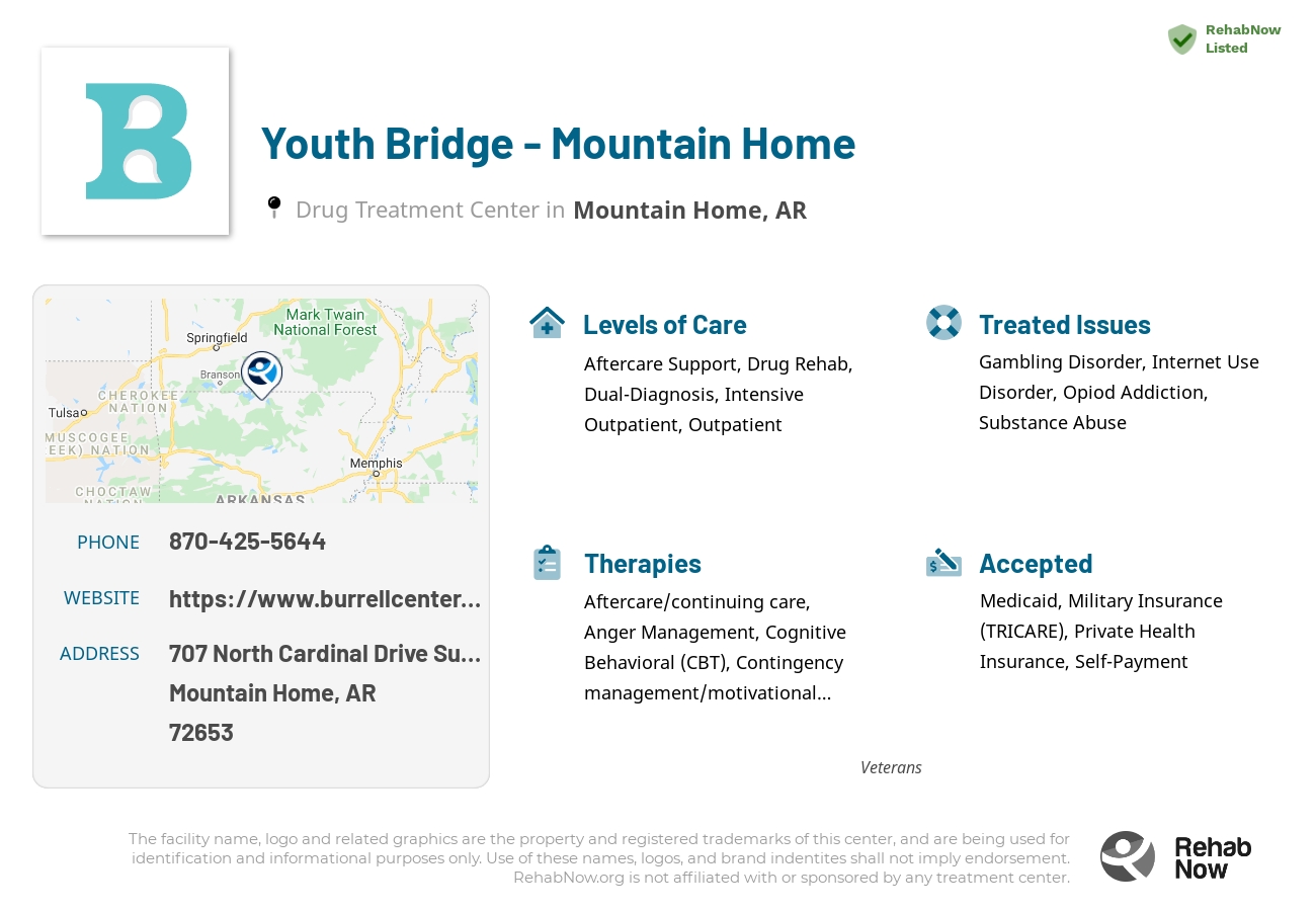 Helpful reference information for Youth Bridge - Mountain Home, a drug treatment center in Arkansas located at: 707 North Cardinal Drive Suite 7, Mountain Home, AR 72653, including phone numbers, official website, and more. Listed briefly is an overview of Levels of Care, Therapies Offered, Issues Treated, and accepted forms of Payment Methods.