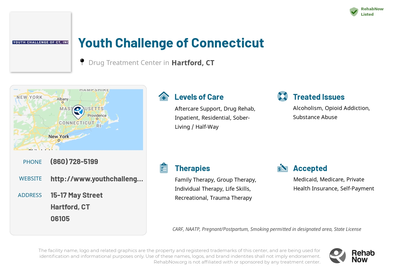 Helpful reference information for Youth Challenge of Connecticut, a drug treatment center in Connecticut located at: 15-17 May Street, Hartford, CT, 06105, including phone numbers, official website, and more. Listed briefly is an overview of Levels of Care, Therapies Offered, Issues Treated, and accepted forms of Payment Methods.