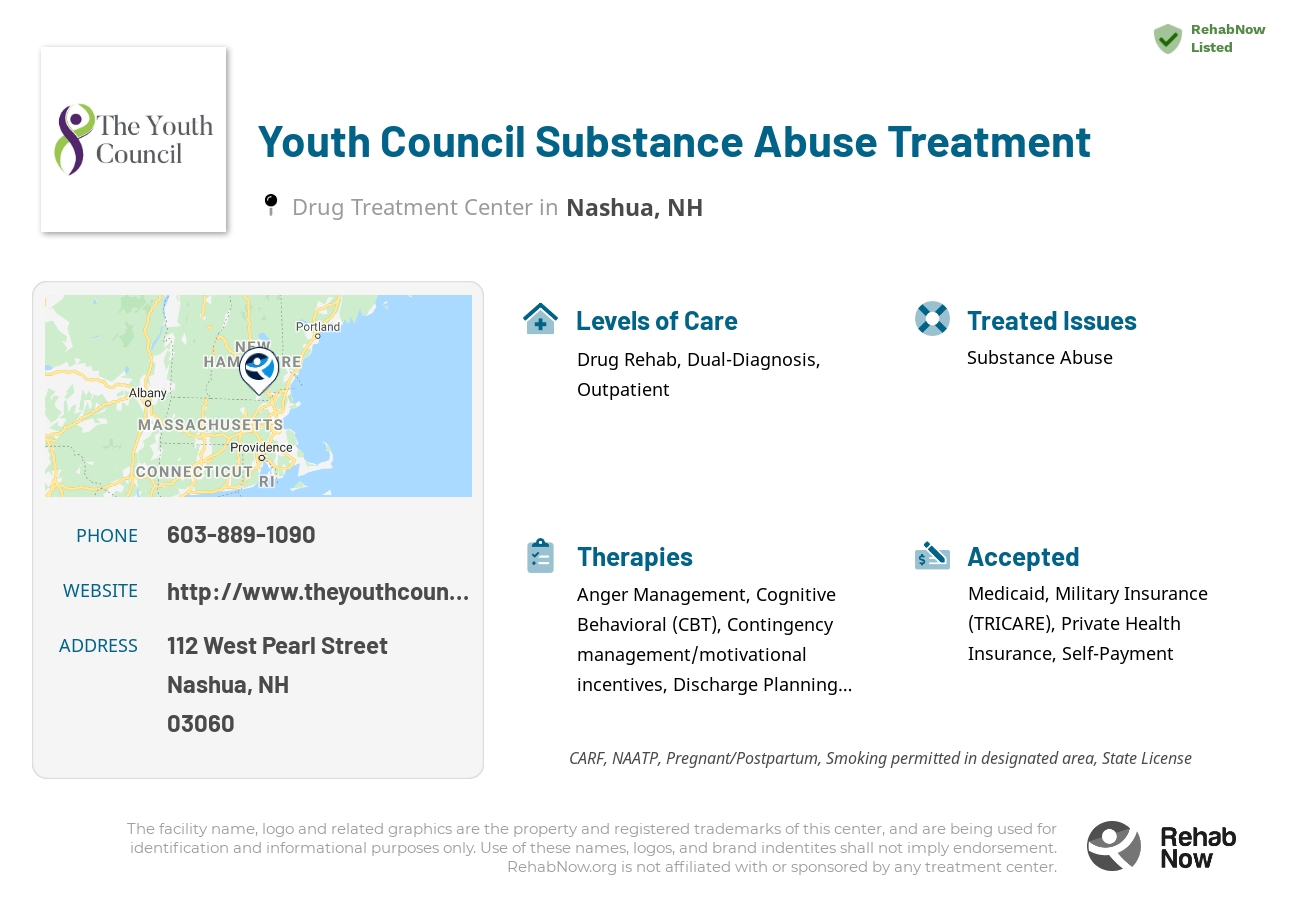 Helpful reference information for Youth Council Substance Abuse Treatment, a drug treatment center in New Hampshire located at: 112 West Pearl Street, Nashua, NH 03060, including phone numbers, official website, and more. Listed briefly is an overview of Levels of Care, Therapies Offered, Issues Treated, and accepted forms of Payment Methods.