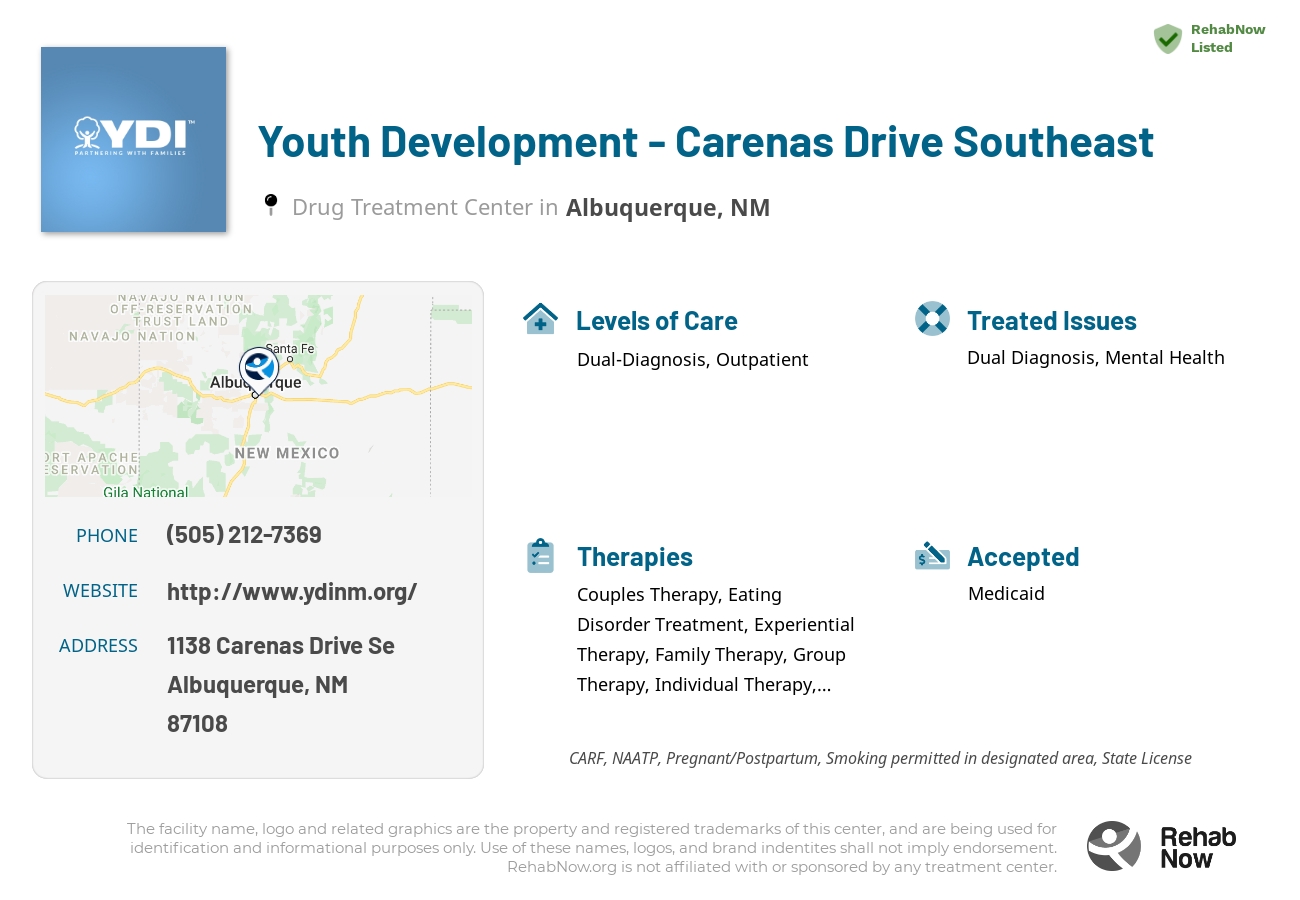 Helpful reference information for Youth Development - Carenas Drive Southeast, a drug treatment center in New Mexico located at: 1138 Carenas Drive Se, Albuquerque, NM 87108, including phone numbers, official website, and more. Listed briefly is an overview of Levels of Care, Therapies Offered, Issues Treated, and accepted forms of Payment Methods.