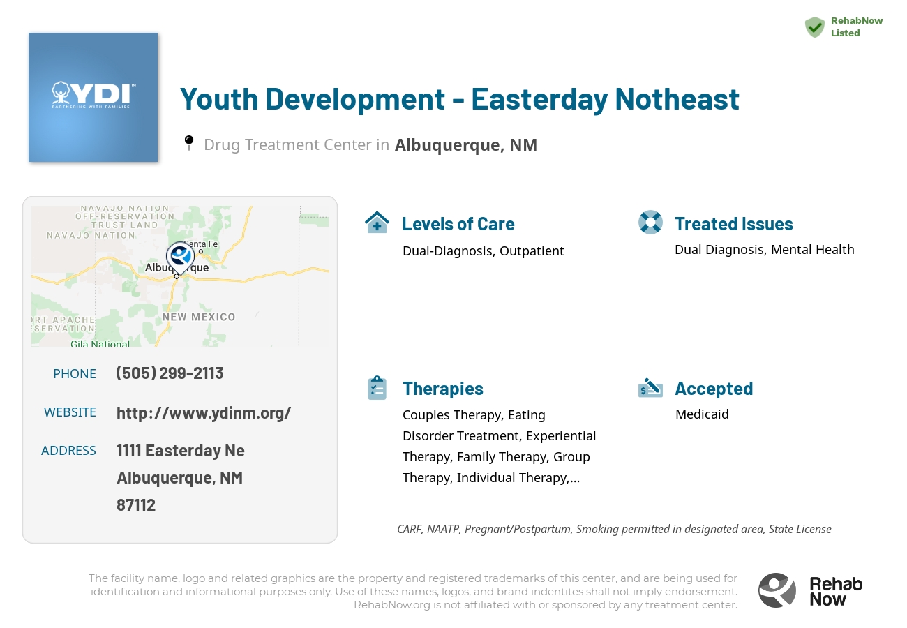 Helpful reference information for Youth Development - Easterday Notheast, a drug treatment center in New Mexico located at: 1111 1111 Easterday Ne, Albuquerque, NM 87112, including phone numbers, official website, and more. Listed briefly is an overview of Levels of Care, Therapies Offered, Issues Treated, and accepted forms of Payment Methods.