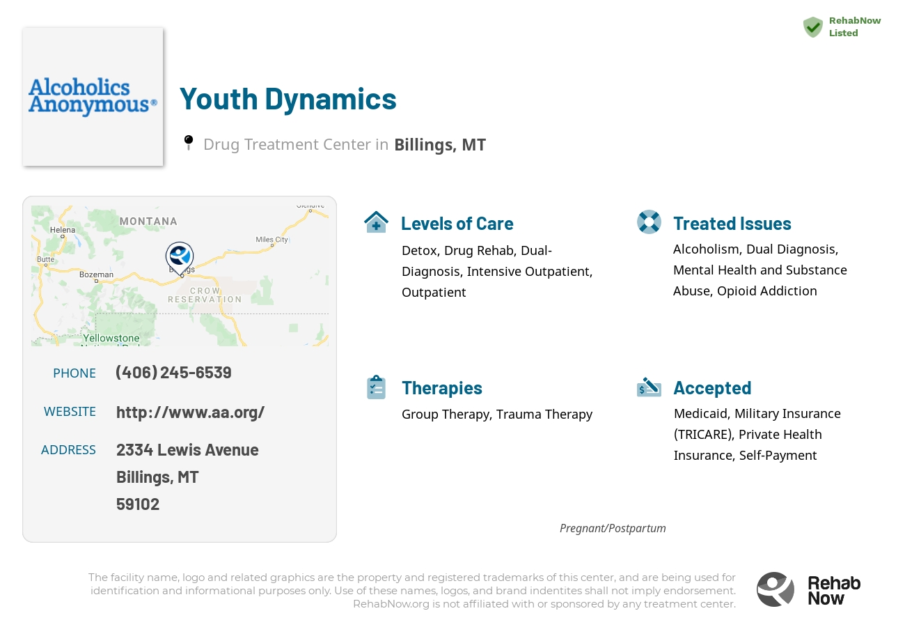 Helpful reference information for Youth Dynamics, a drug treatment center in Montana located at: 2334 2334 Lewis Avenue, Billings, MT 59102, including phone numbers, official website, and more. Listed briefly is an overview of Levels of Care, Therapies Offered, Issues Treated, and accepted forms of Payment Methods.