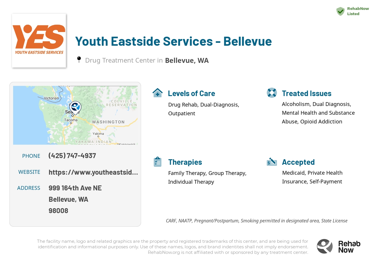 Helpful reference information for Youth Eastside Services - Bellevue, a drug treatment center in Washington located at: 999 164th Ave NE, Bellevue, WA 98008, including phone numbers, official website, and more. Listed briefly is an overview of Levels of Care, Therapies Offered, Issues Treated, and accepted forms of Payment Methods.