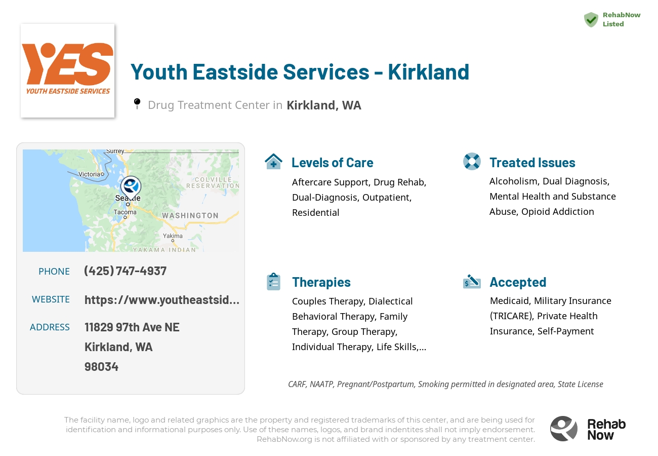 Helpful reference information for Youth Eastside Services - Kirkland, a drug treatment center in Washington located at: 11829 97th Ave NE, Kirkland, WA 98034, including phone numbers, official website, and more. Listed briefly is an overview of Levels of Care, Therapies Offered, Issues Treated, and accepted forms of Payment Methods.