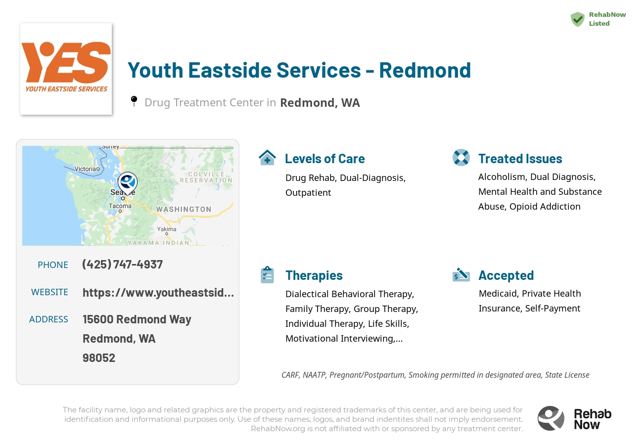Helpful reference information for Youth Eastside Services - Redmond, a drug treatment center in Washington located at: 15600 Redmond Way, Redmond, WA 98052, including phone numbers, official website, and more. Listed briefly is an overview of Levels of Care, Therapies Offered, Issues Treated, and accepted forms of Payment Methods.