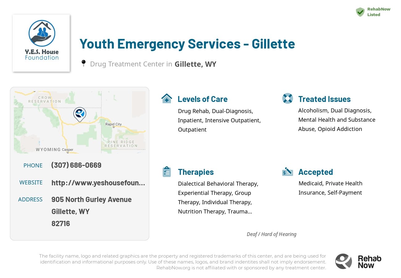 Helpful reference information for Youth Emergency Services - Gillette, a drug treatment center in Wyoming located at: 905 905 North Gurley Avenue, Gillette, WY 82716, including phone numbers, official website, and more. Listed briefly is an overview of Levels of Care, Therapies Offered, Issues Treated, and accepted forms of Payment Methods.