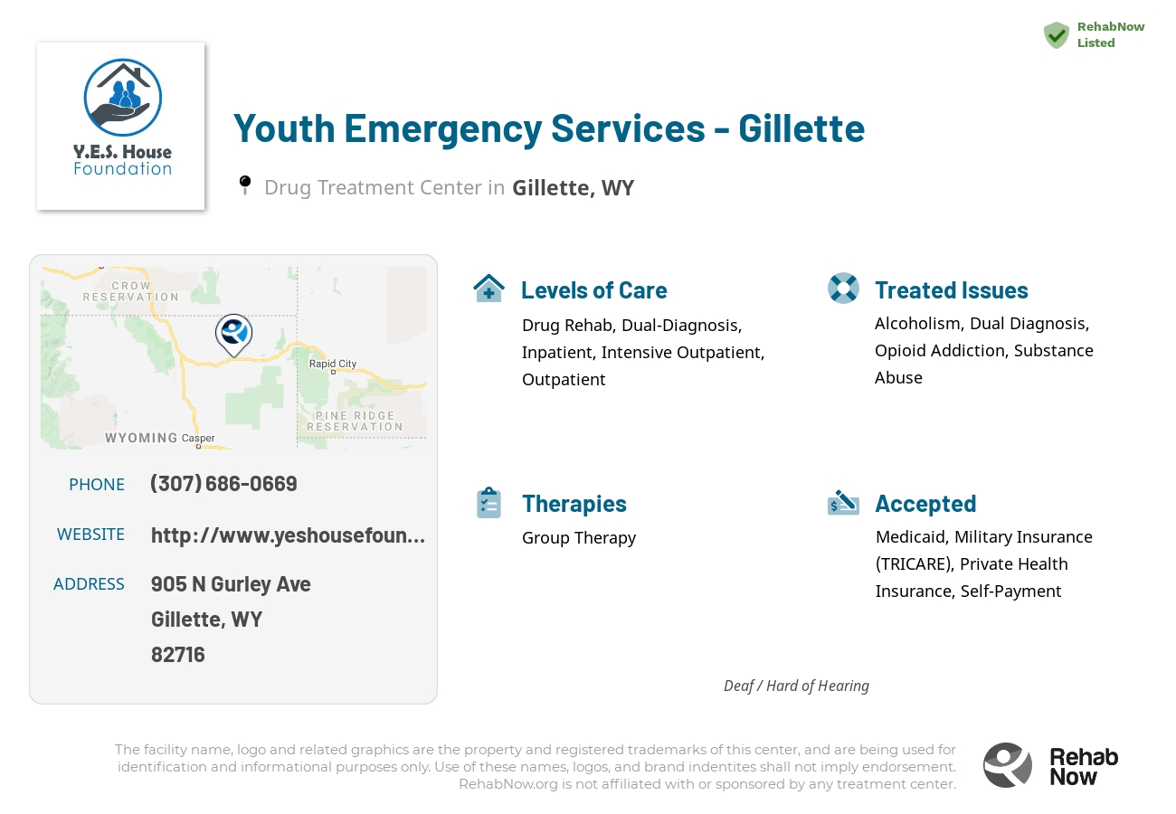 Helpful reference information for Youth Emergency Services - Gillette, a drug treatment center in Wyoming located at: 905 N Gurley Ave, Gillette, WY 82716, including phone numbers, official website, and more. Listed briefly is an overview of Levels of Care, Therapies Offered, Issues Treated, and accepted forms of Payment Methods.