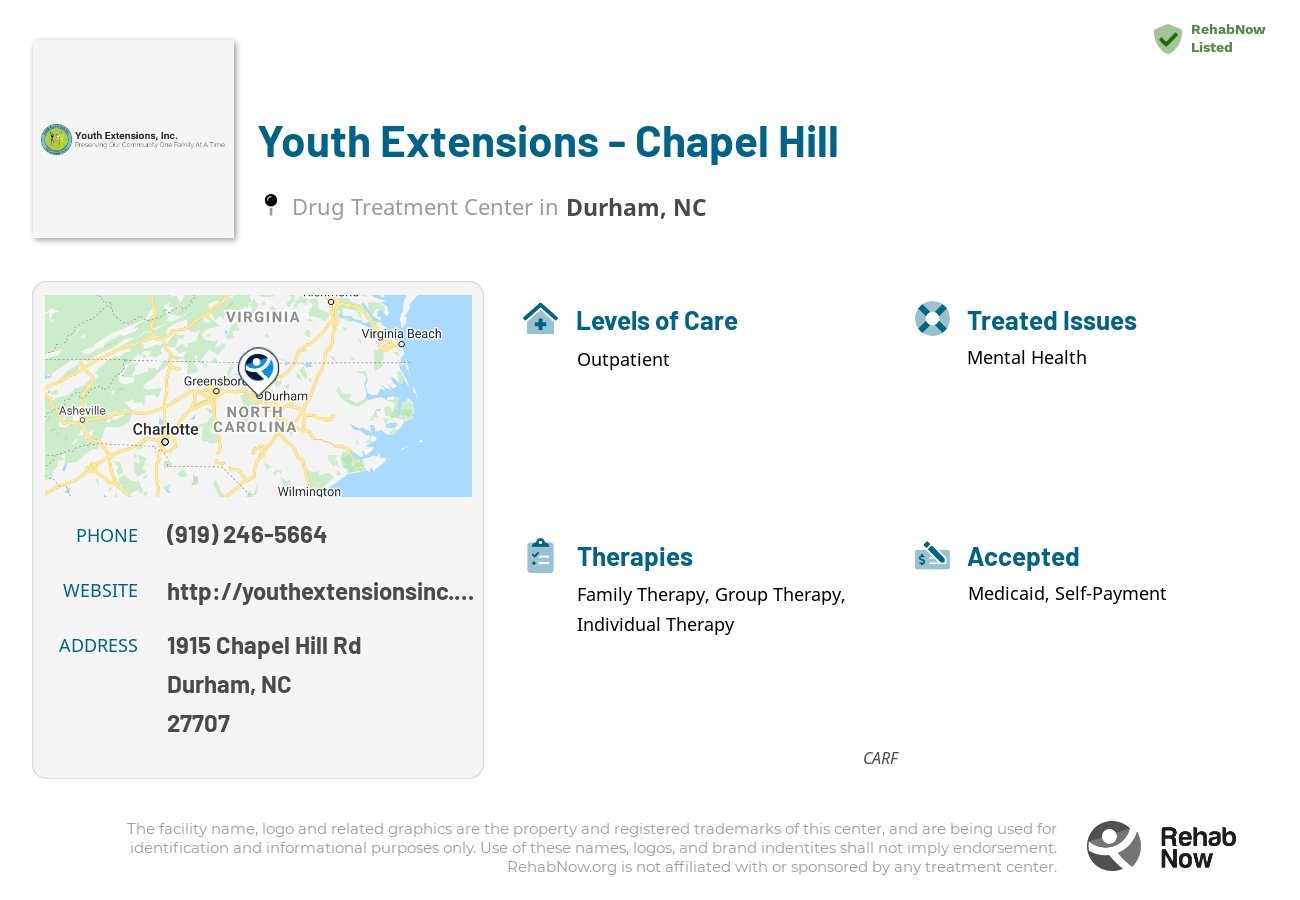 Helpful reference information for Youth Extensions - Chapel Hill, a drug treatment center in North Carolina located at: 1915 Chapel Hill Rd, Durham, NC 27707, including phone numbers, official website, and more. Listed briefly is an overview of Levels of Care, Therapies Offered, Issues Treated, and accepted forms of Payment Methods.