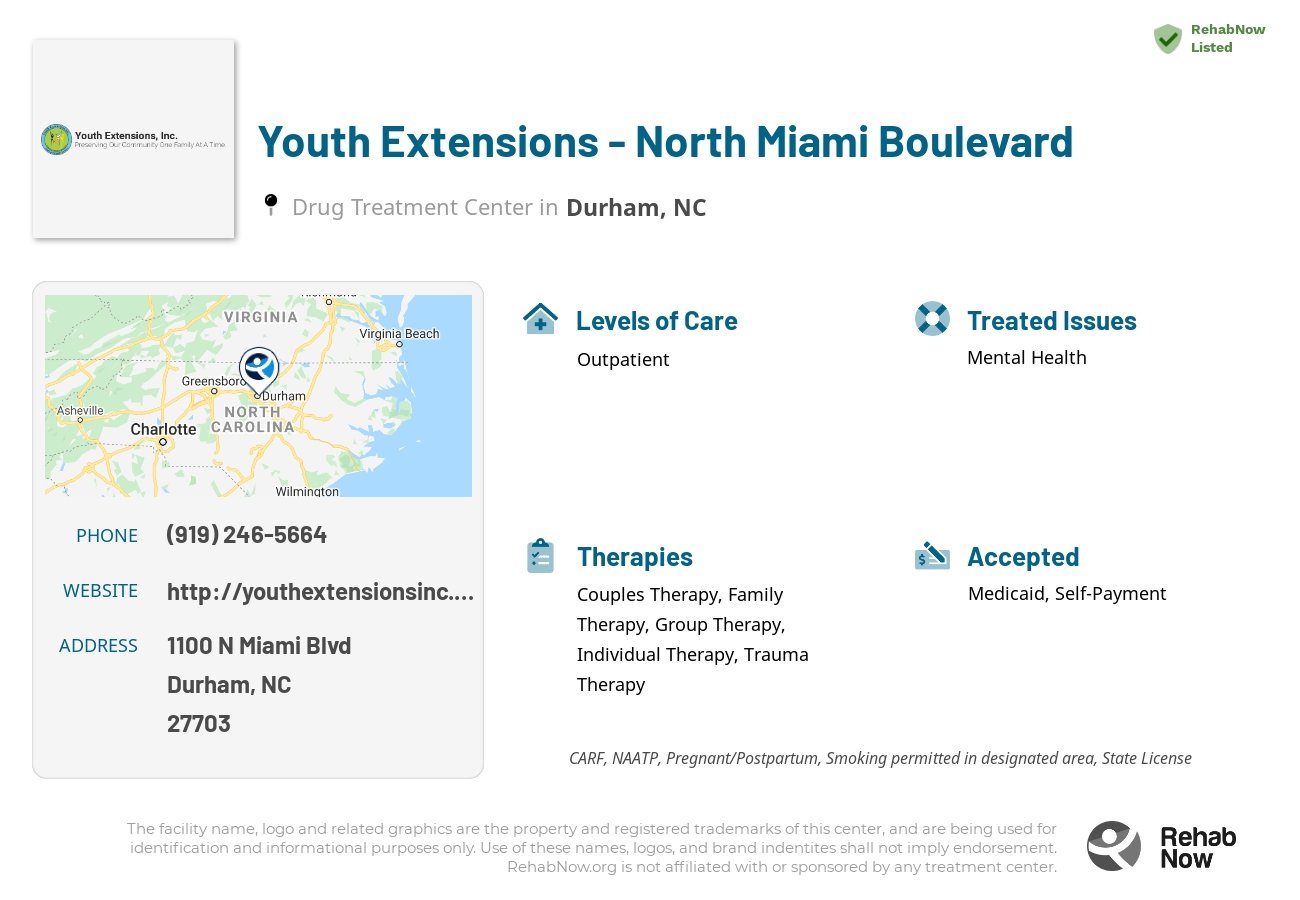 Helpful reference information for Youth Extensions - North Miami Boulevard, a drug treatment center in North Carolina located at: 1100 N Miami Blvd, Durham, NC 27703, including phone numbers, official website, and more. Listed briefly is an overview of Levels of Care, Therapies Offered, Issues Treated, and accepted forms of Payment Methods.