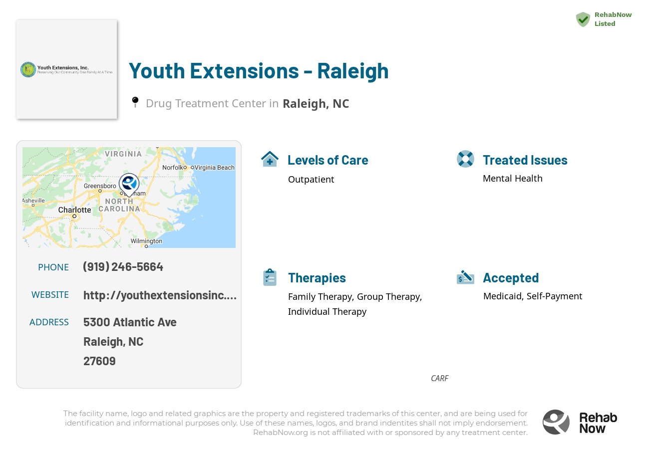 Helpful reference information for Youth Extensions - Raleigh, a drug treatment center in North Carolina located at: 5300 Atlantic Ave, Raleigh, NC 27609, including phone numbers, official website, and more. Listed briefly is an overview of Levels of Care, Therapies Offered, Issues Treated, and accepted forms of Payment Methods.