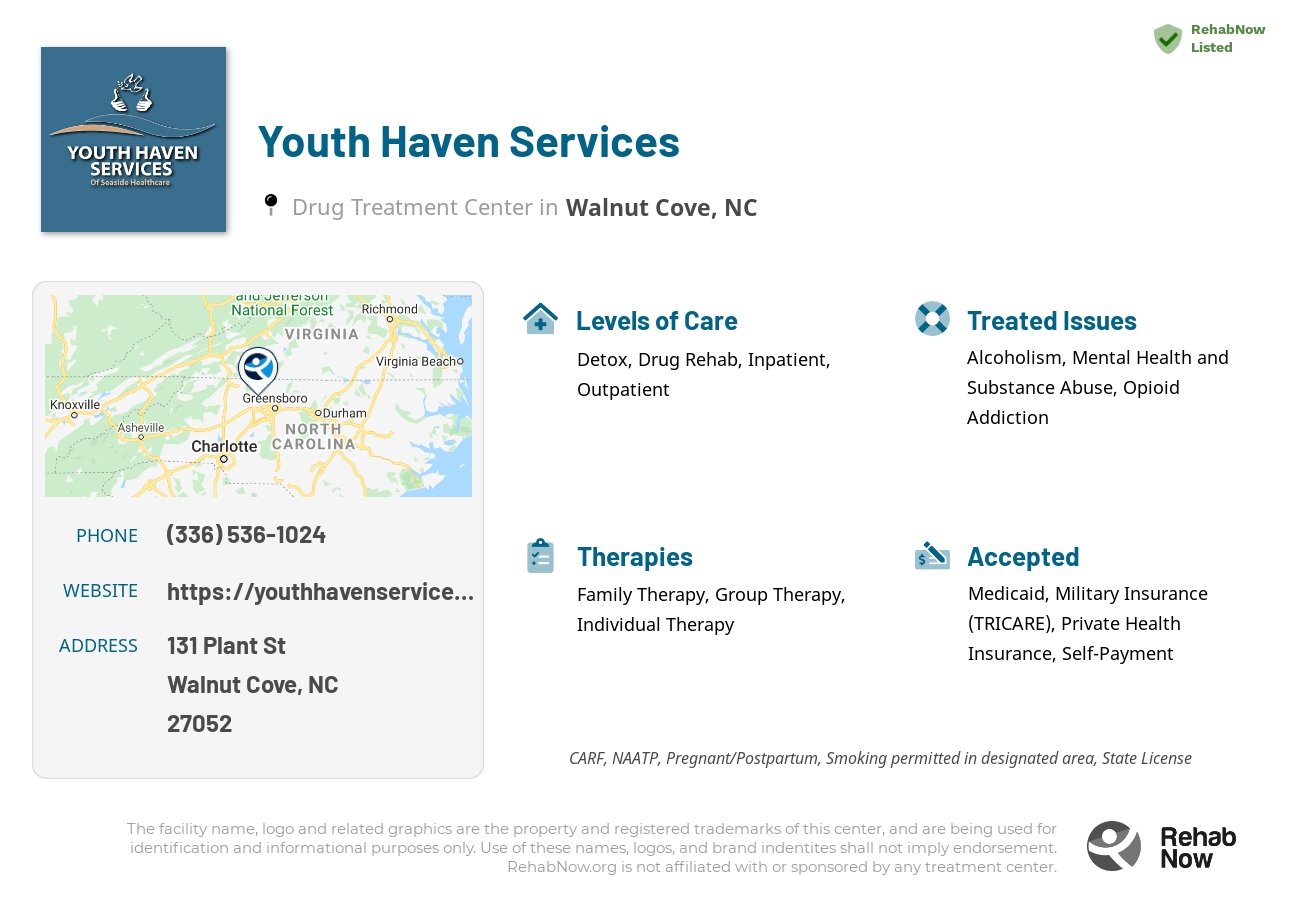 Helpful reference information for Youth Haven Services, a drug treatment center in North Carolina located at: 131 Plant St, Walnut Cove, NC 27052, including phone numbers, official website, and more. Listed briefly is an overview of Levels of Care, Therapies Offered, Issues Treated, and accepted forms of Payment Methods.