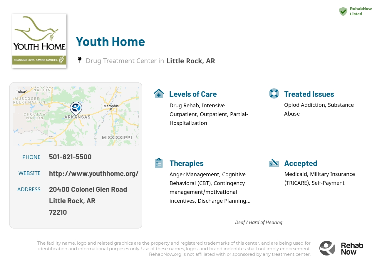 Helpful reference information for Youth Home, a drug treatment center in Arkansas located at: 20400 Colonel Glen Road, Little Rock, AR 72210, including phone numbers, official website, and more. Listed briefly is an overview of Levels of Care, Therapies Offered, Issues Treated, and accepted forms of Payment Methods.