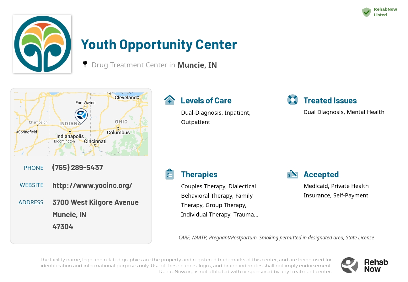 Helpful reference information for Youth Opportunity Center, a drug treatment center in Indiana located at: 3700 3700 West Kilgore Avenue, Muncie, IN 47304, including phone numbers, official website, and more. Listed briefly is an overview of Levels of Care, Therapies Offered, Issues Treated, and accepted forms of Payment Methods.