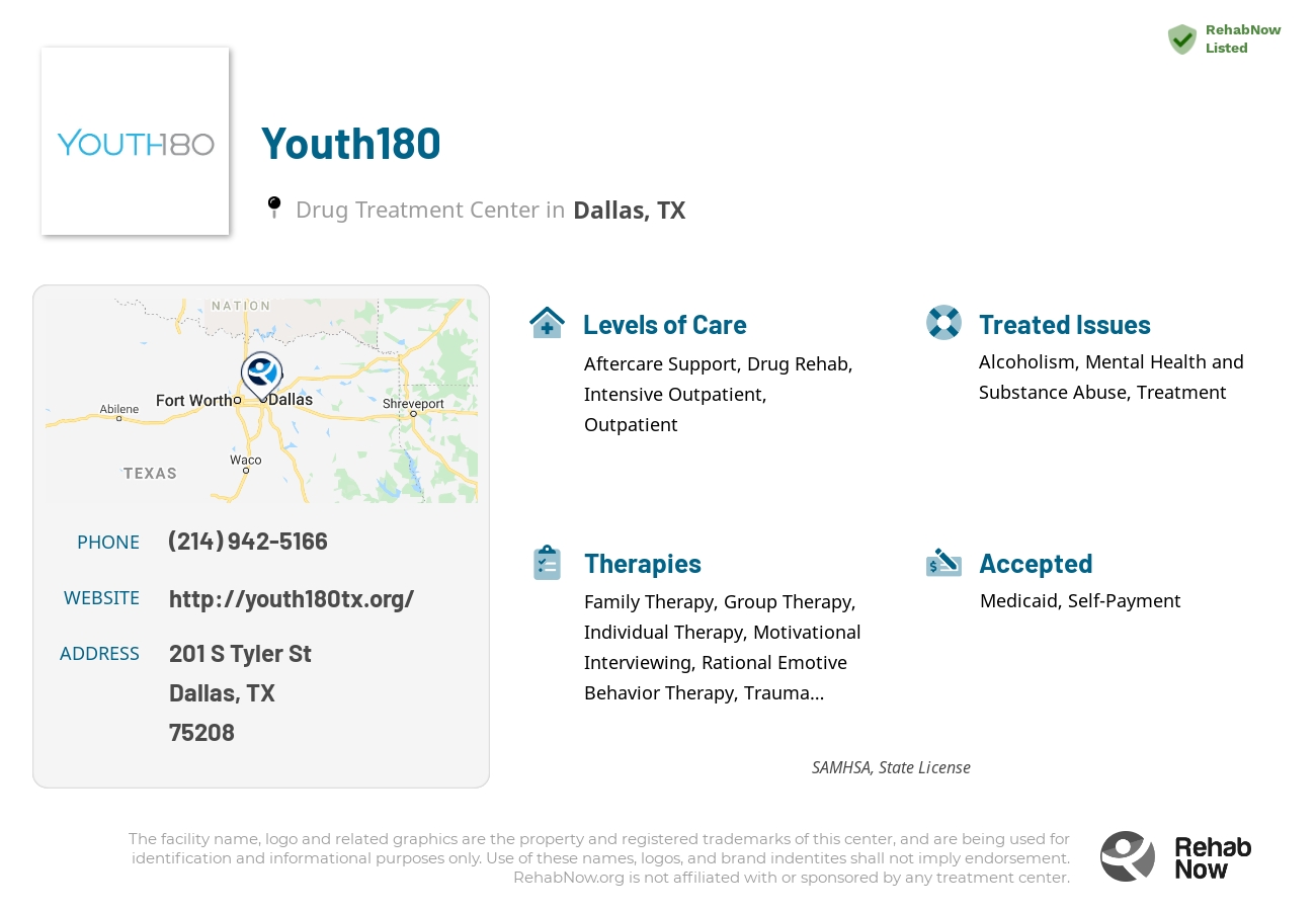 Helpful reference information for Youth180, a drug treatment center in Texas located at: 201 S Tyler St, Dallas, TX 75208, including phone numbers, official website, and more. Listed briefly is an overview of Levels of Care, Therapies Offered, Issues Treated, and accepted forms of Payment Methods.