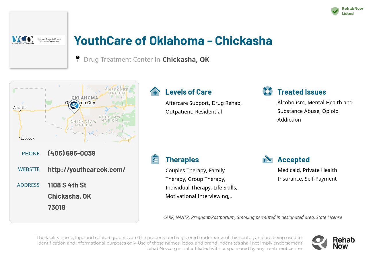 Helpful reference information for YouthCare of Oklahoma - Chickasha, a drug treatment center in Oklahoma located at: 1108 S 4th St, Chickasha, OK 73018, including phone numbers, official website, and more. Listed briefly is an overview of Levels of Care, Therapies Offered, Issues Treated, and accepted forms of Payment Methods.