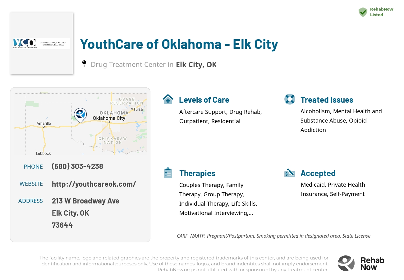 Helpful reference information for YouthCare of Oklahoma - Elk City, a drug treatment center in Oklahoma located at: 213 W Broadway Ave, Elk City, OK 73644, including phone numbers, official website, and more. Listed briefly is an overview of Levels of Care, Therapies Offered, Issues Treated, and accepted forms of Payment Methods.