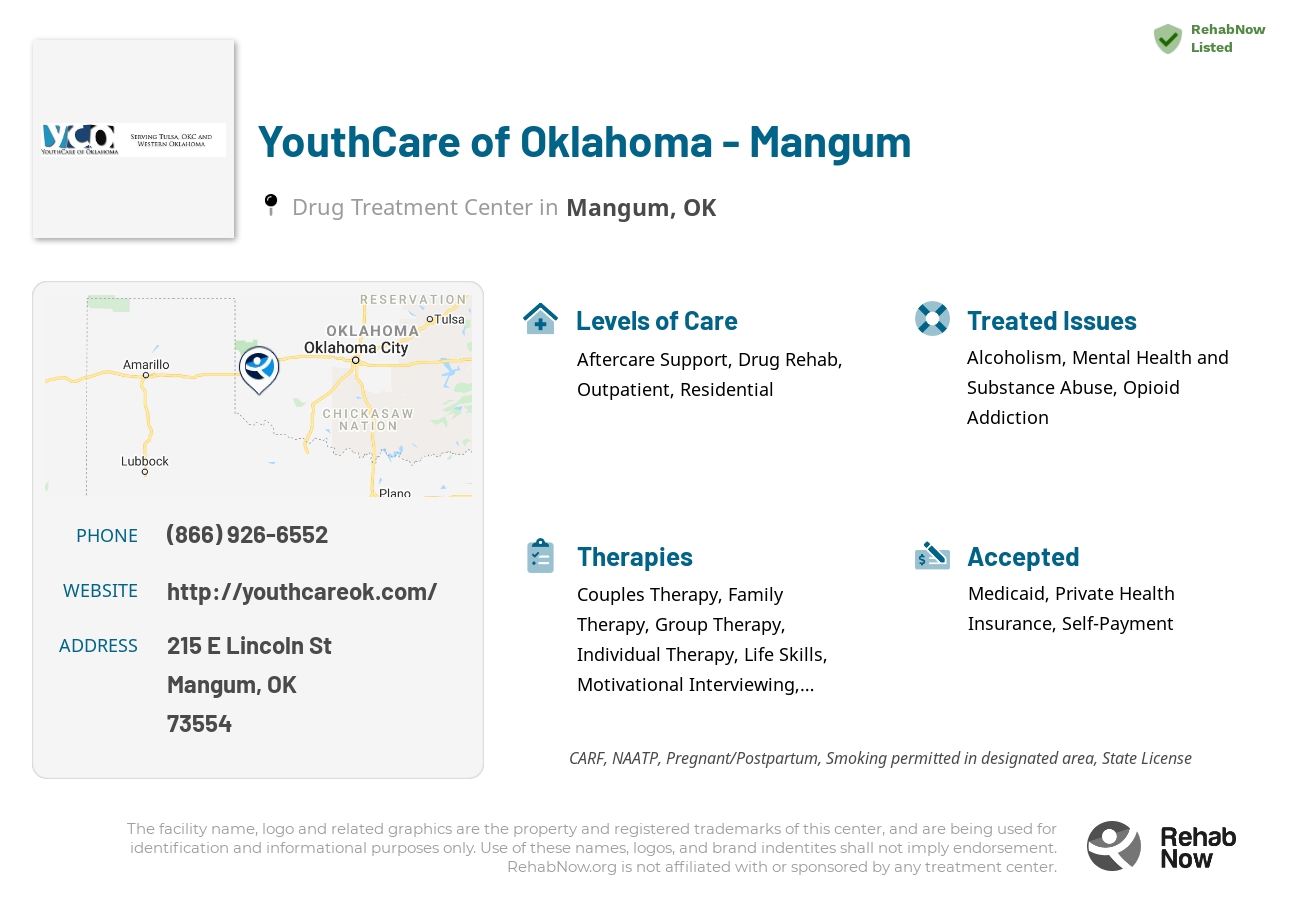 Helpful reference information for YouthCare of Oklahoma - Mangum, a drug treatment center in Oklahoma located at: 215 E Lincoln St, Mangum, OK 73554, including phone numbers, official website, and more. Listed briefly is an overview of Levels of Care, Therapies Offered, Issues Treated, and accepted forms of Payment Methods.
