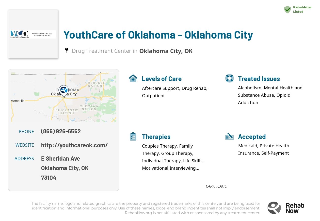 Helpful reference information for YouthCare of Oklahoma - Oklahoma City, a drug treatment center in Oklahoma located at: E Sheridan Ave, Oklahoma City, OK 73104, including phone numbers, official website, and more. Listed briefly is an overview of Levels of Care, Therapies Offered, Issues Treated, and accepted forms of Payment Methods.