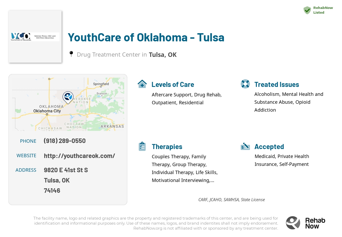 Helpful reference information for YouthCare of Oklahoma - Tulsa, a drug treatment center in Oklahoma located at: 9820 E 41st St S, Tulsa, OK 74146, including phone numbers, official website, and more. Listed briefly is an overview of Levels of Care, Therapies Offered, Issues Treated, and accepted forms of Payment Methods.