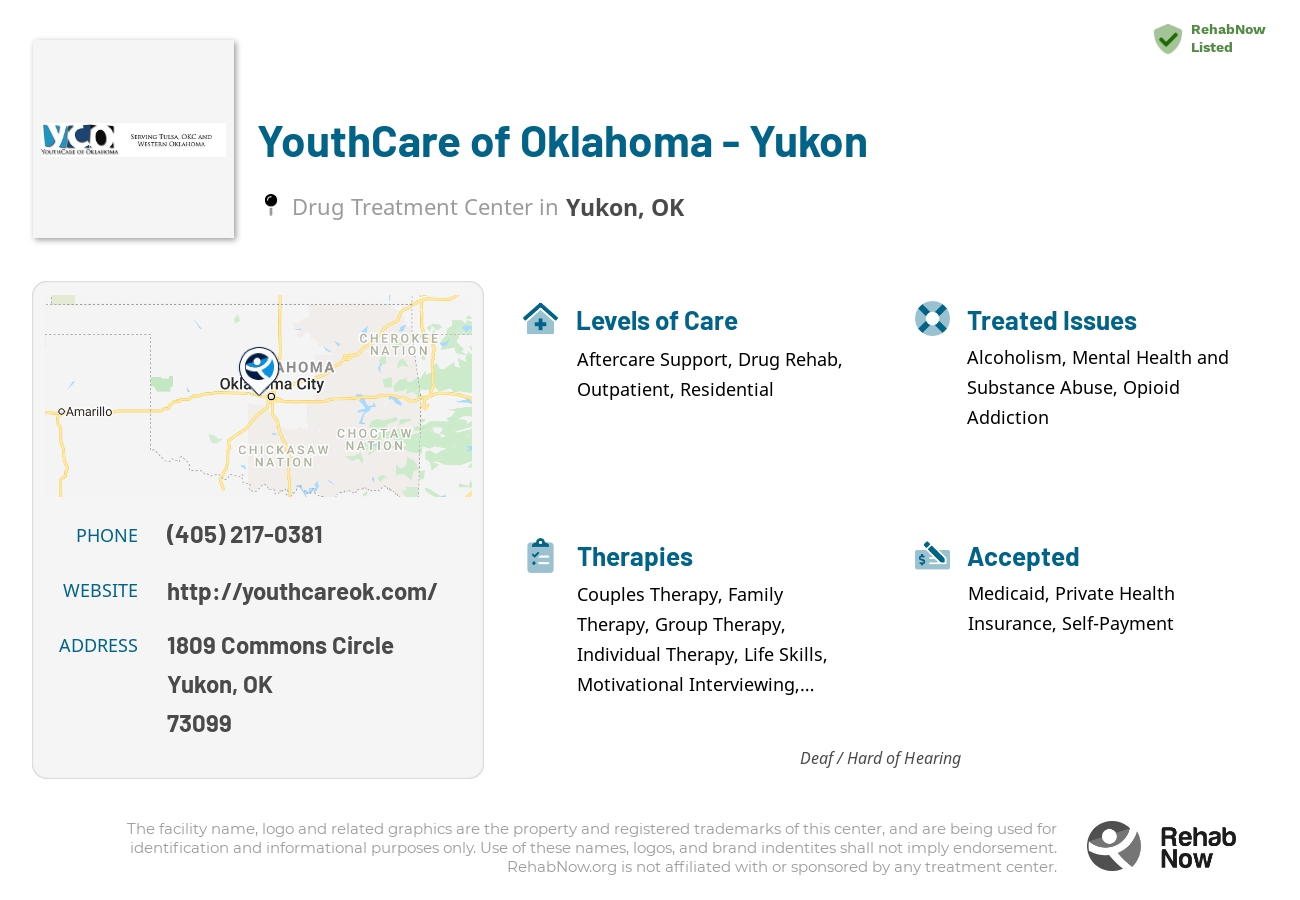 Helpful reference information for YouthCare of Oklahoma - Yukon, a drug treatment center in Oklahoma located at: 1809 Commons Circle, Yukon, OK 73099, including phone numbers, official website, and more. Listed briefly is an overview of Levels of Care, Therapies Offered, Issues Treated, and accepted forms of Payment Methods.