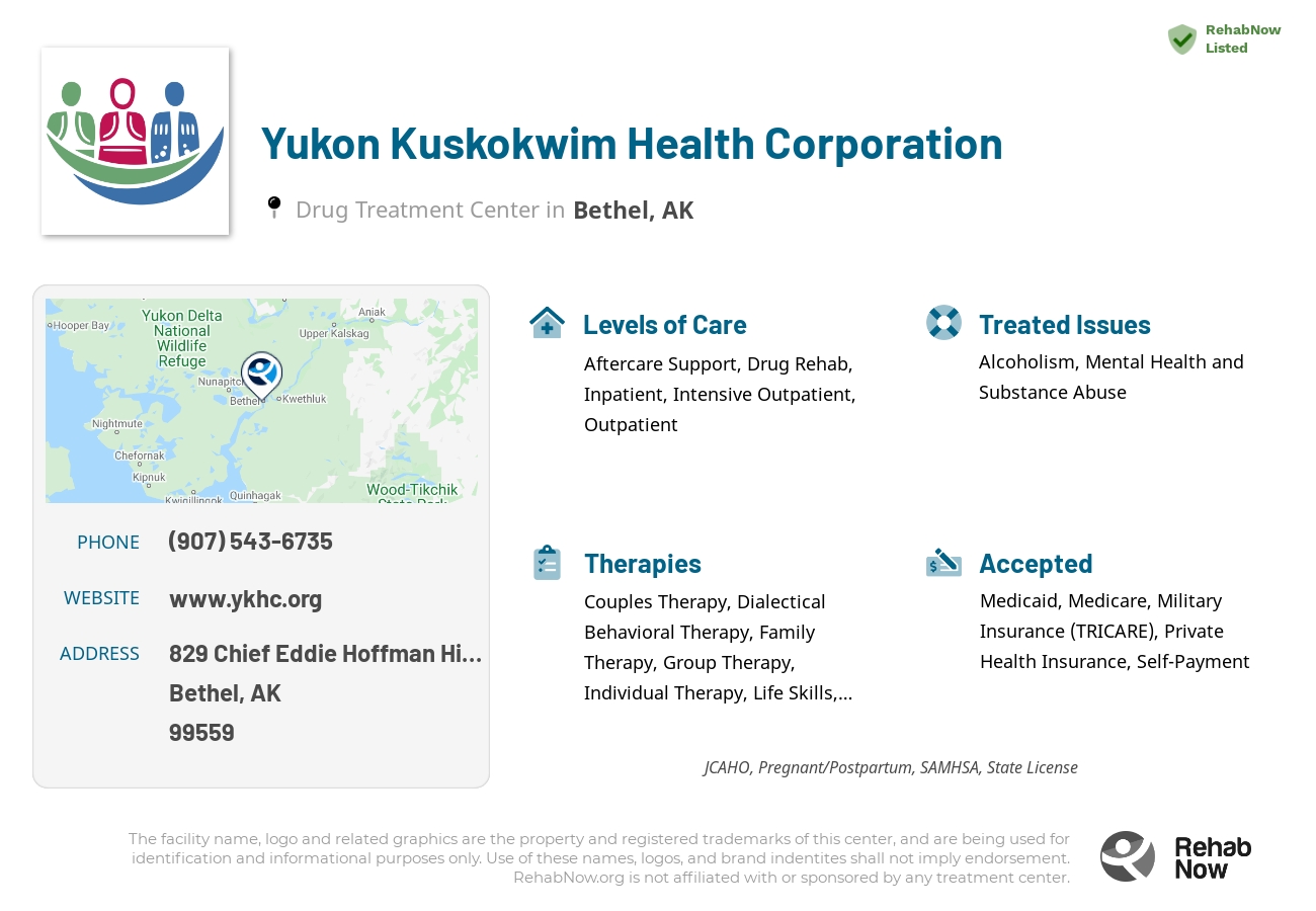 Helpful reference information for Yukon Kuskokwim Health Corporation, a drug treatment center in Alaska located at: 829 Chief Eddie Hoffman Highway, Bethel, AK, 99559, including phone numbers, official website, and more. Listed briefly is an overview of Levels of Care, Therapies Offered, Issues Treated, and accepted forms of Payment Methods.