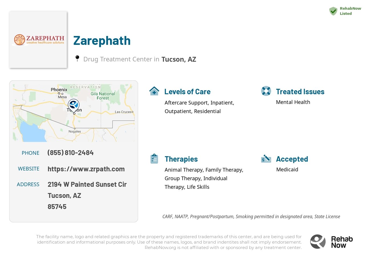 Helpful reference information for Zarephath, a drug treatment center in Arizona located at: 2194 W Painted Sunset Cir, Tucson, AZ 85745, including phone numbers, official website, and more. Listed briefly is an overview of Levels of Care, Therapies Offered, Issues Treated, and accepted forms of Payment Methods.