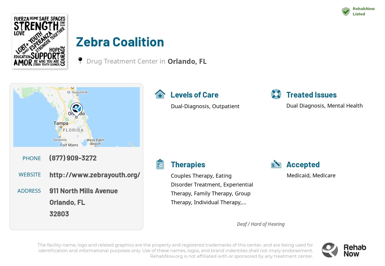 Helpful reference information for Zebra Coalition, a drug treatment center in Florida located at: 911 North Mills Avenue, Orlando, FL, 32803, including phone numbers, official website, and more. Listed briefly is an overview of Levels of Care, Therapies Offered, Issues Treated, and accepted forms of Payment Methods.