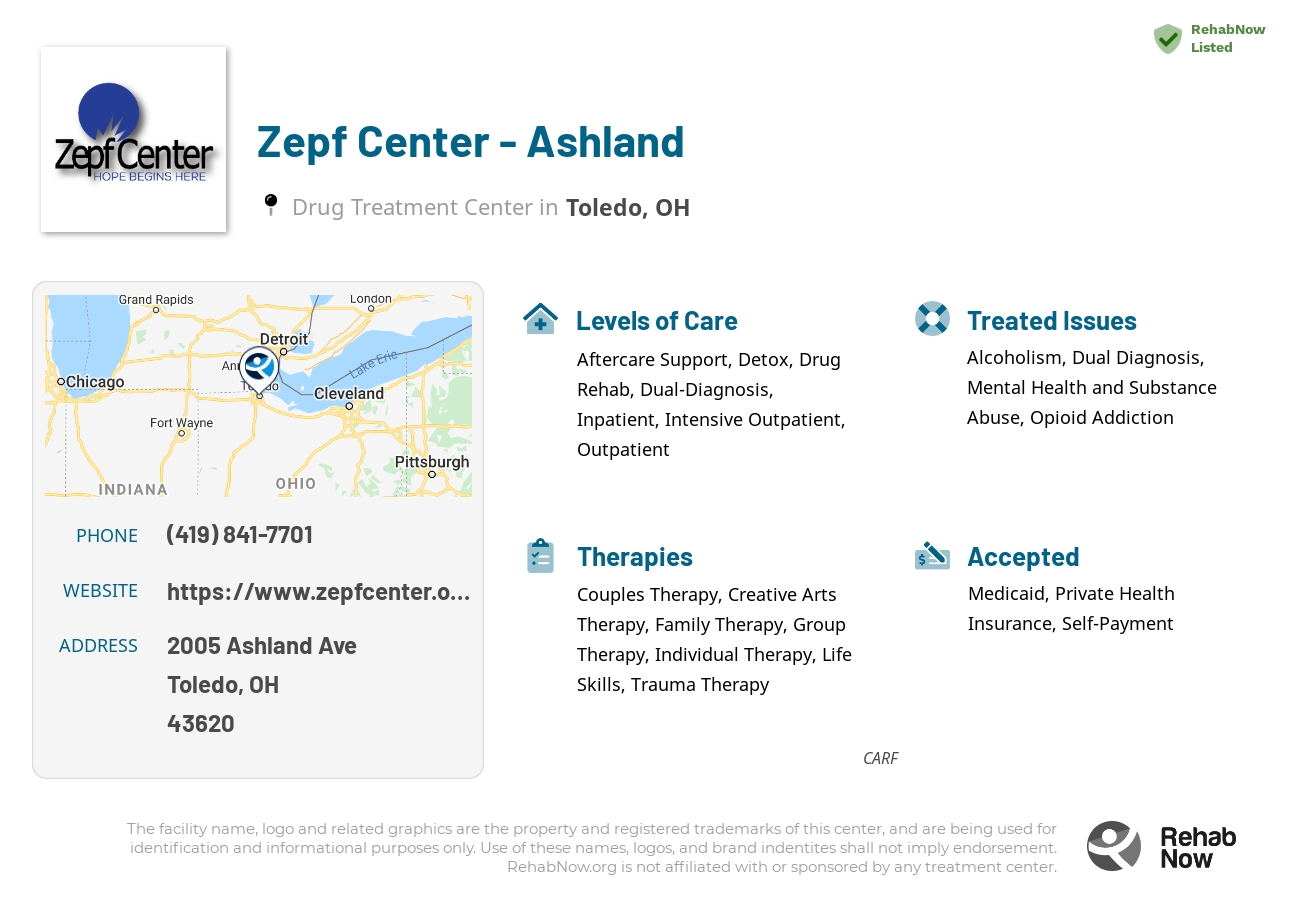 Helpful reference information for Zepf Center - Ashland, a drug treatment center in Ohio located at: 2005 Ashland Ave, Toledo, OH 43620, including phone numbers, official website, and more. Listed briefly is an overview of Levels of Care, Therapies Offered, Issues Treated, and accepted forms of Payment Methods.