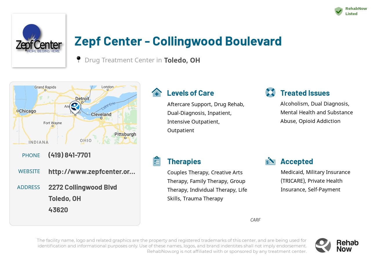 Helpful reference information for Zepf Center - Collingwood Boulevard, a drug treatment center in Ohio located at: 2272 Collingwood Blvd, Toledo, OH 43620, including phone numbers, official website, and more. Listed briefly is an overview of Levels of Care, Therapies Offered, Issues Treated, and accepted forms of Payment Methods.