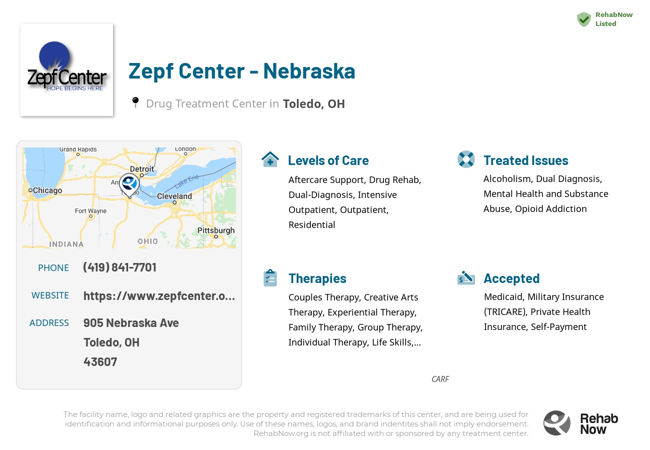Helpful reference information for Zepf Center - Nebraska, a drug treatment center in Ohio located at: 905 Nebraska Ave, Toledo, OH 43607, including phone numbers, official website, and more. Listed briefly is an overview of Levels of Care, Therapies Offered, Issues Treated, and accepted forms of Payment Methods.